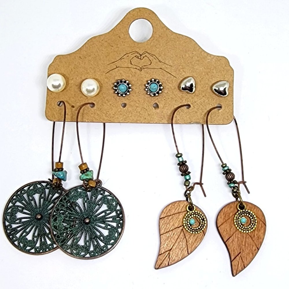 NOC Five (5) Pair Boho Western Earrings: Pearls, Hearts, Leaves, Medallion